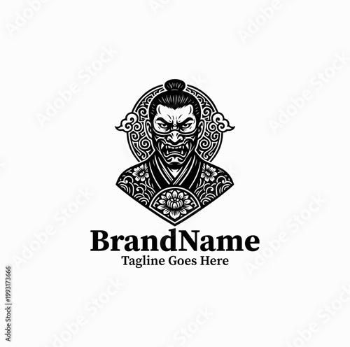A Japanese gangster style character with mask and tattoo elements is illustrated as a bold emblem logo design monochrome