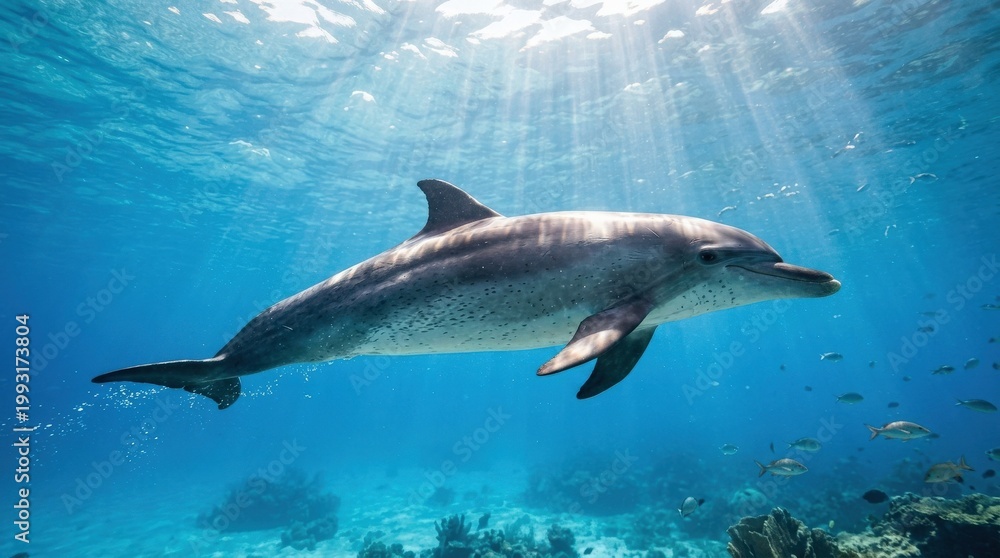 Fototapeta premium Dolphin swimming gracefully underwater with sunlight on its body, marine wildlife scene, clear blue ocean, serene natural motion, no logos