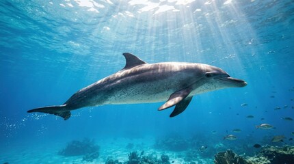 Dolphin swimming gracefully underwater with sunlight on its body, marine wildlife scene, clear blue ocean, serene natural motion, no logos