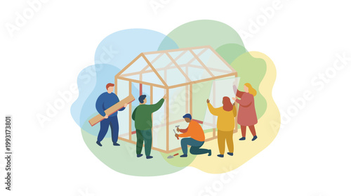 Group of people constructing a greenhouse together.