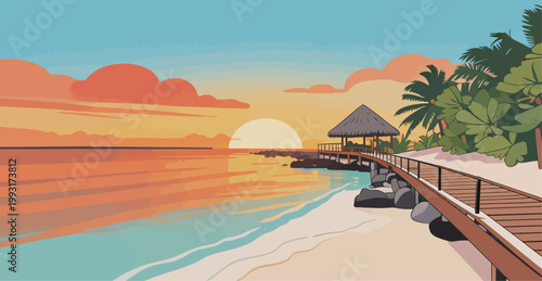 Tropical Sunset Beach with Wooden Pier and Hut