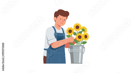 Man Arranging Sunflowers in a Bucket.