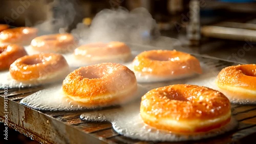Fresh glazed donuts being made in a professional bakery production line.
