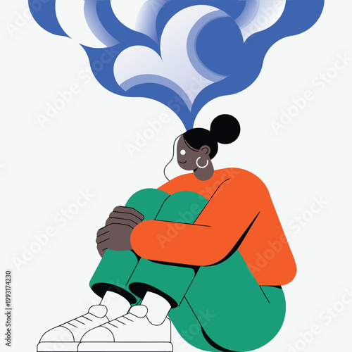 Woman achieves mental clarity with abstract light concept floating above her head