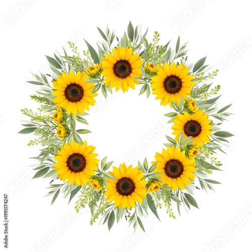 A vibrant wreath adorned with bright yellow sunflowers and lush green leaves