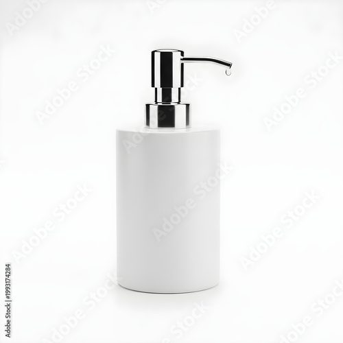 A sleek and modern soap dispenser with a pump mechanism and a cylindrical body.