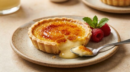 Creme brulee tart close up with a golden caramelized sugar crust, elegant dessert macro with crisp surface and rich pastry texture, realistic detail, no logos