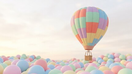 Colorful hot air balloon floating above pastel balls, whimsical travel fantasy concept, clean minimal background, soft light, realistic detail, no logos