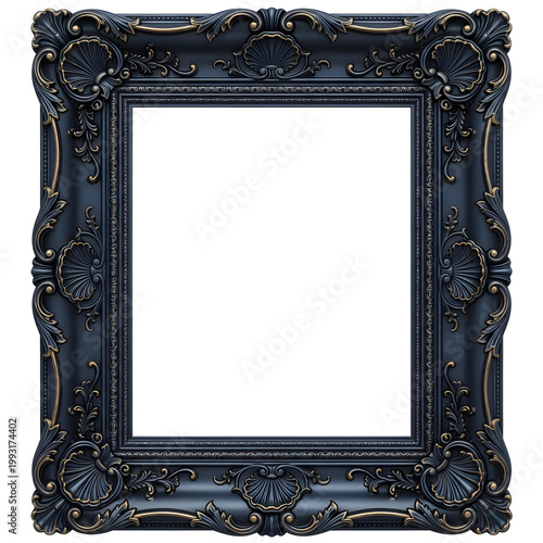 A highly ornate and intricately designed black picture frame with a classic look.