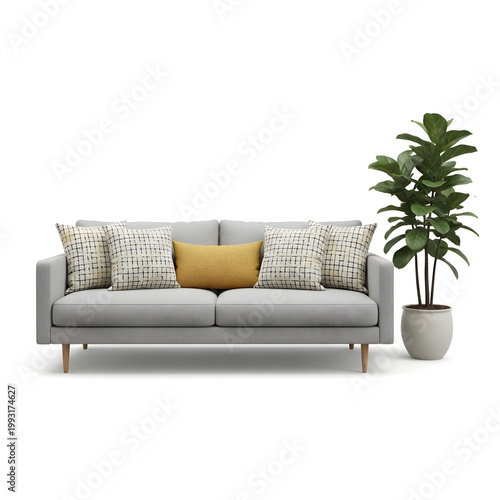 Modern gray sofa with patterned pillows and a potted plant in a minimalist living room