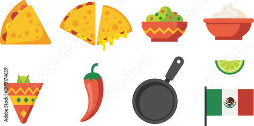 Mexican Quesadillas and Cantina Kitchen Vector Icon Set Featuring Cheesy Quesadilla Slices, Guacamole, Sour Cream, Chili Pepper, Frying Pan, and Mexican Flag