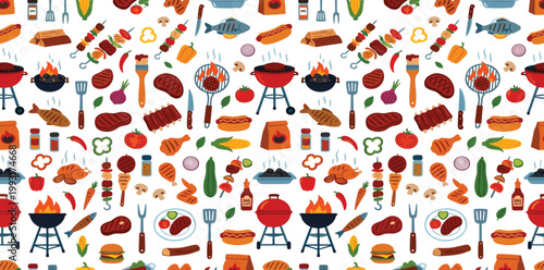 Seamless pattern illustration of barbecue and grilling items such as meat, vegetables, utensils, and sauces isolated on white for summer food design.
