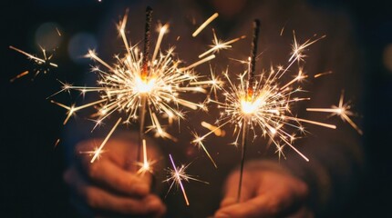 Two sparklers burning brightly on dark background, joyful holiday celebration concept with luminous sparks and elegant minimal composition, realistic detail, no logos