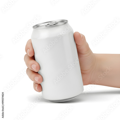 A person holding a blank white soda can against a white background