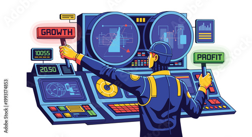 Businessman operating a futuristic control panel for business growth and profit.