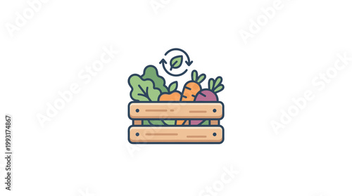 Freshly harvested organic vegetables in a wooden crate with a recycling symbol.