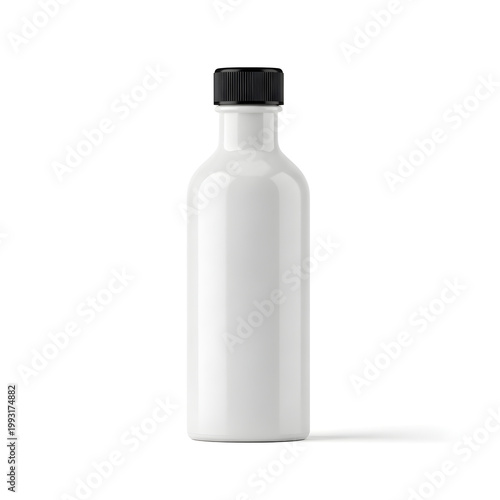 A sleek and modern white bottle with a black cap standing upright.
