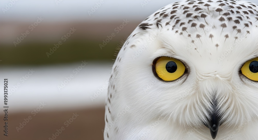 Obraz premium Extreme macro close-up of a Snowy Owl's face, intense piercing golden yellow eye staring into the lens, soft bokeh background of Arctic tundra, intricate texture of the white and grey speckled feather