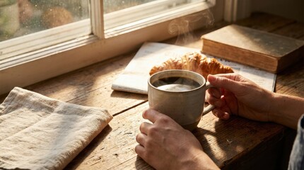 Steaming morning coffee on sunlit wooden table, cozy breakfast moment with warm natural light and calm lifestyle atmosphere, realistic detail, no logos