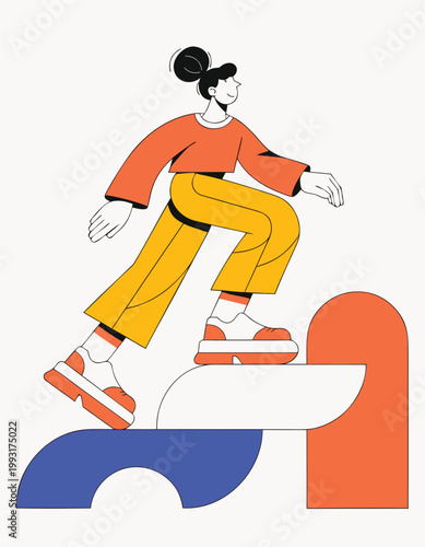 Person taking growth steps on colorful blocks for self improvement illustration