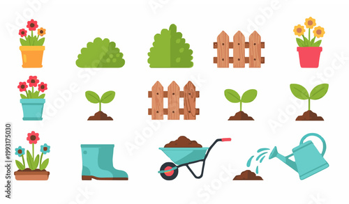 Spring garden flat vector icon set with flower pots seedlings watering can and backyard gardening tools collection