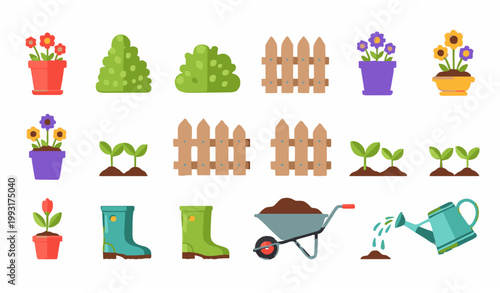 Spring garden flat vector icon set with flower pots seedlings watering can and backyard gardening tools collection