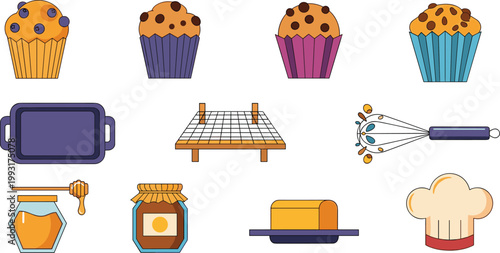 Muffin Bakery and Home Baking Essentials Vector Icon Set Featuring Blueberry Muffins, Baking Tray, Cooling Rack, Whisk, Honey Jar, and Butter