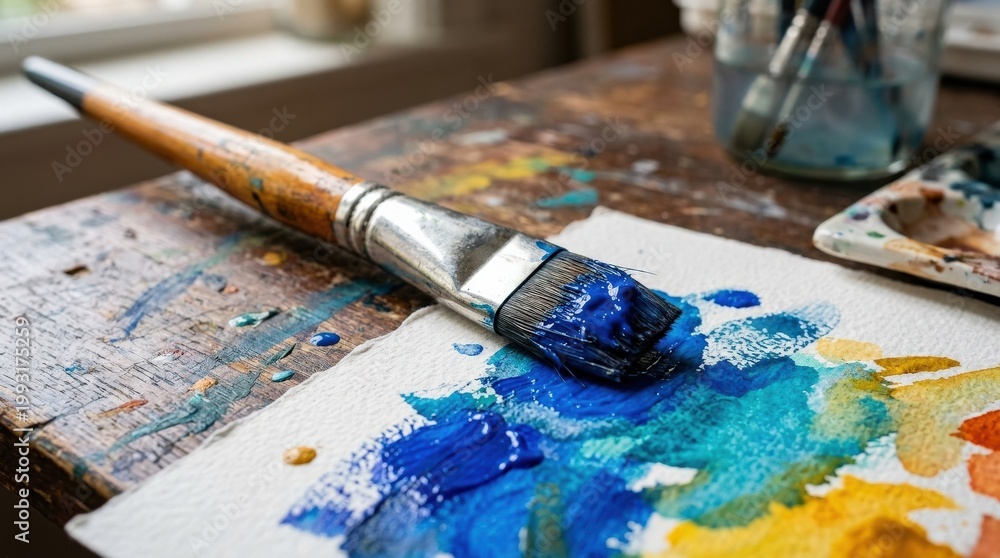 Fototapeta premium Paintbrush on surface close up, creative tool detail for art, design and craft education marketing, creative workspace styling, vivid color accents, authentic materials, balanced composition,