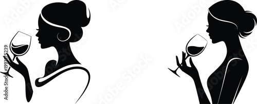 Elegant women silhouettes enjoying wine glasses in sophisticated style isolated on transparent background