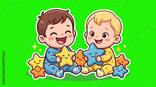 Adorable cartoon babies smiling and holding colorful star toys happily.