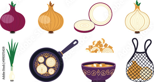 Onion Harvest and Culinary Essentials Vector Icon Set Featuring Red and White Onions, Sliced Onions, Spring Onion, Sauté Pan, and Onion Soup