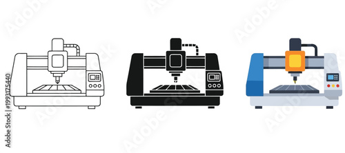 Cnc milling machine icon set, vector illustration of industrial equipment for engraving and cutting materials, flat and outline design