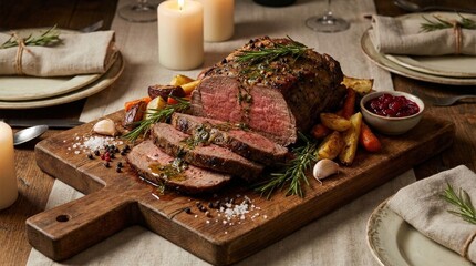 Sliced roasted beef with rosemary and spices, hearty festive meal concept with juicy texture and rustic premium food styling, realistic detail, no logos