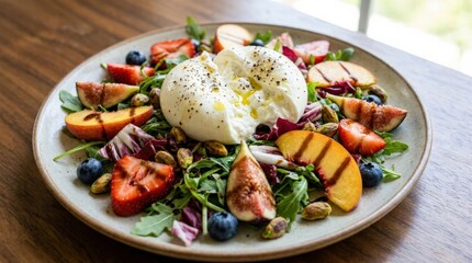 Salad with burrata mozzarella and fruit, fresh gourmet dish with creamy cheese and colorful ingredients, realistic food detail, no logos