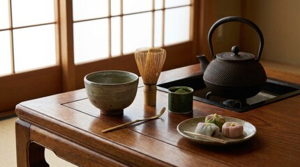 Traditional Japanese tea ceremony equipment and ingredients arranged in a still life, refined cultural table setting with elegant balance and realistic texture, no logos