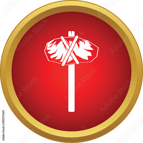 White stone age axe primitive tool icon inside a red circle button