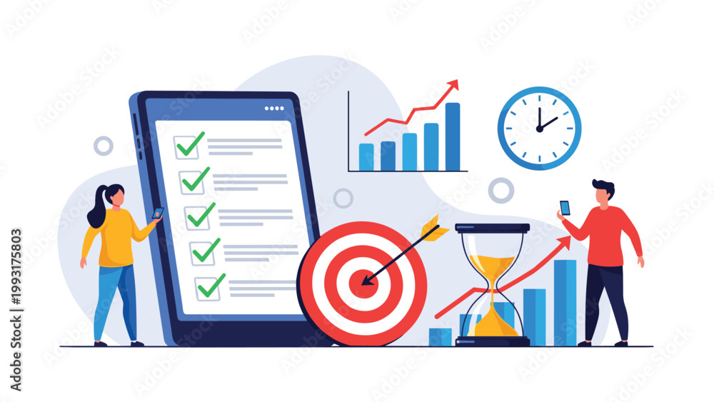 Fototapeta premium Strategic planning and productivity concept illustrated with smartphone checklist, target, bar charts, and team members.
