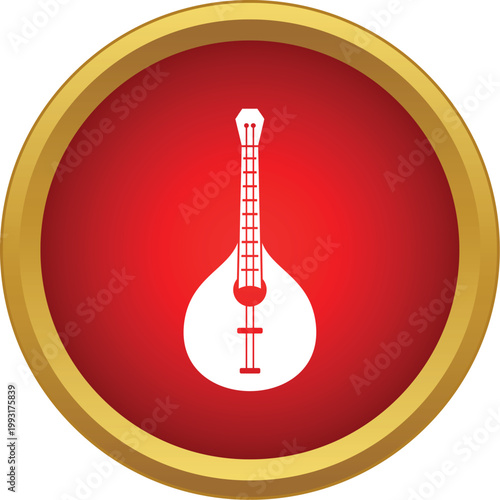 White balalaika string instrument icon in a red circle with gold border