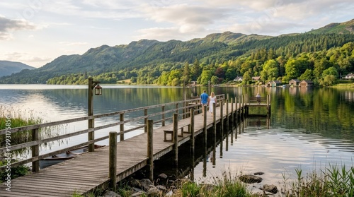Wooden pier lakeside scenery, tranquil waterfront landscape for travel, relaxation and summer destination promotion, scenic landscape composition, serene atmosphere, expansive view, seasonal color,