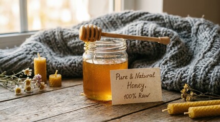 Honey jar with wooden dipper and card in a cozy still life, knitted gray background and warm rustic styling, natural sweet food concept, soft light and realistic texture, no logos
