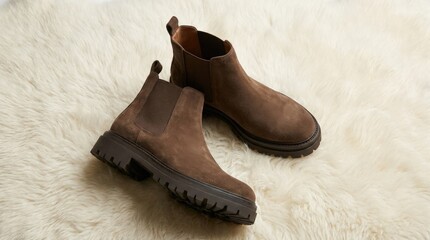 Pair of brown suede chelsea boots with thick sole on a fluffy white surface, stylish footwear product shot, modern fashion detail, soft studio lighting, no logos