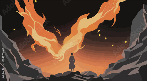 Silhouette of Person Facing Fiery Wings in Rocky Landscape