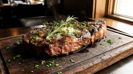 Juicy grilled steak garnished with fresh herbs, premium restaurant food concept, rich meat texture, appetizing close-up, dark serving surface, warm natural light, realistic culinary detail, no logos