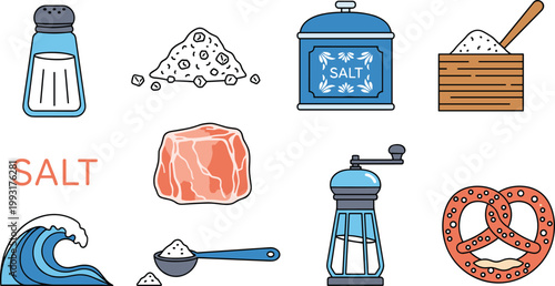 Salt Variety and Culinary Seasoning Vector Icon Set Featuring Salt Shaker, Sea Salt Pile, Grinder, Salt Cellar, Himalayan Rock Salt, Ocean Wave, and Salted Pretzel