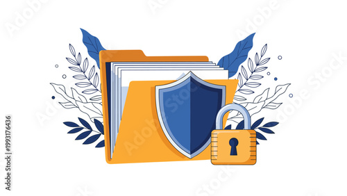 Folder filled with documents is protected by a blue shield and a sturdy padlock, representing data security and important file encryption measures.