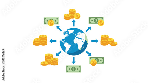 Globe with arrows pointing to various world currencies like dollars and euros illustrates international trade and global financial exchange systems.