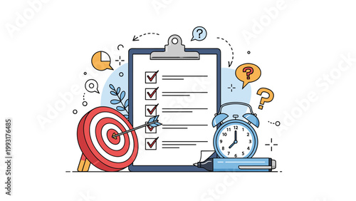 Clipboard with a checklist is surrounded by a target, an alarm clock, and question marks to symbolize project management and deadline tracking.