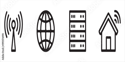 Network connectivity technology vector icons set featuring signal tower globe server rack and smart home icon for internet infrastructure design.