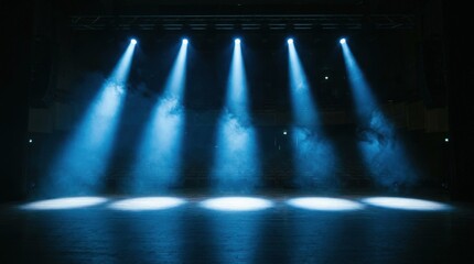 Five bright blue spotlights shining on dark floor, empty event stage and performance lighting concept, dramatic smoky atmosphere, no logos