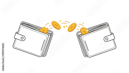 Gold coins transfer between two open wallets, representing digital payments, money transfers, and peer-to-peer financial transactions.